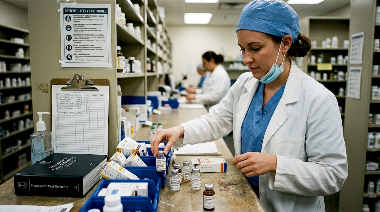 Pharmacist checking vials for peptide safety