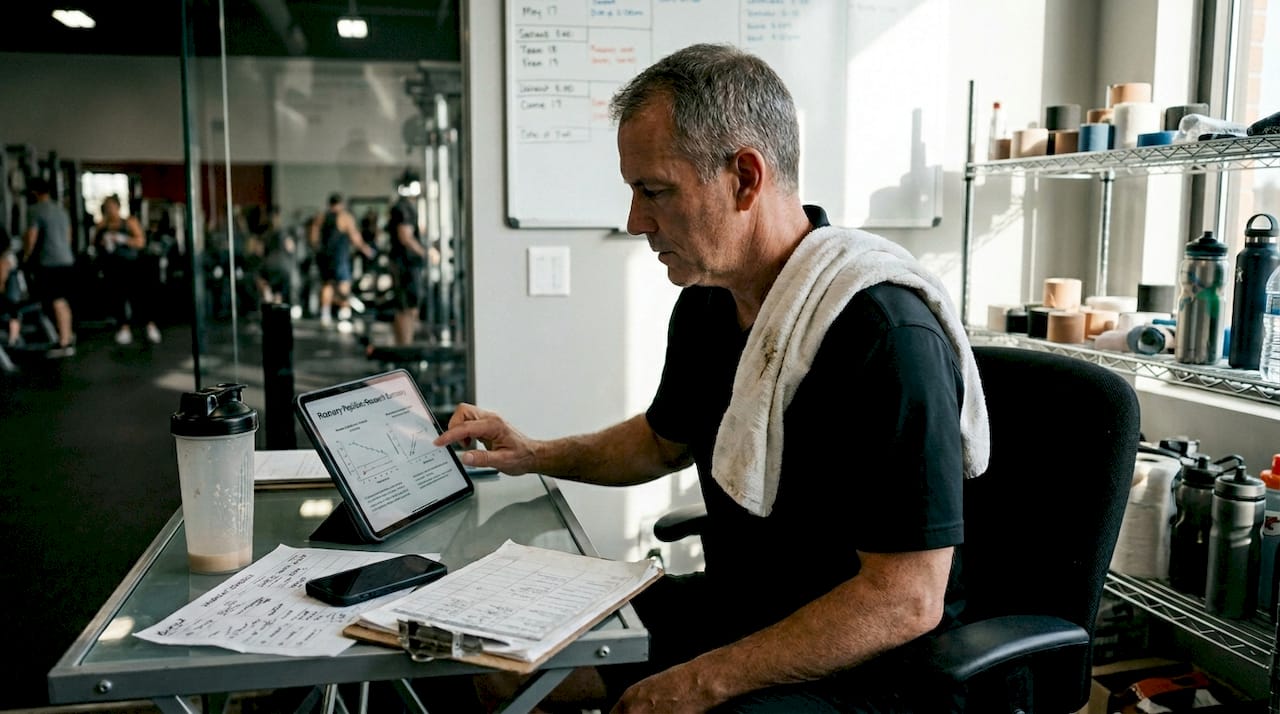 Trainer reviewing peptide chart in gym office
