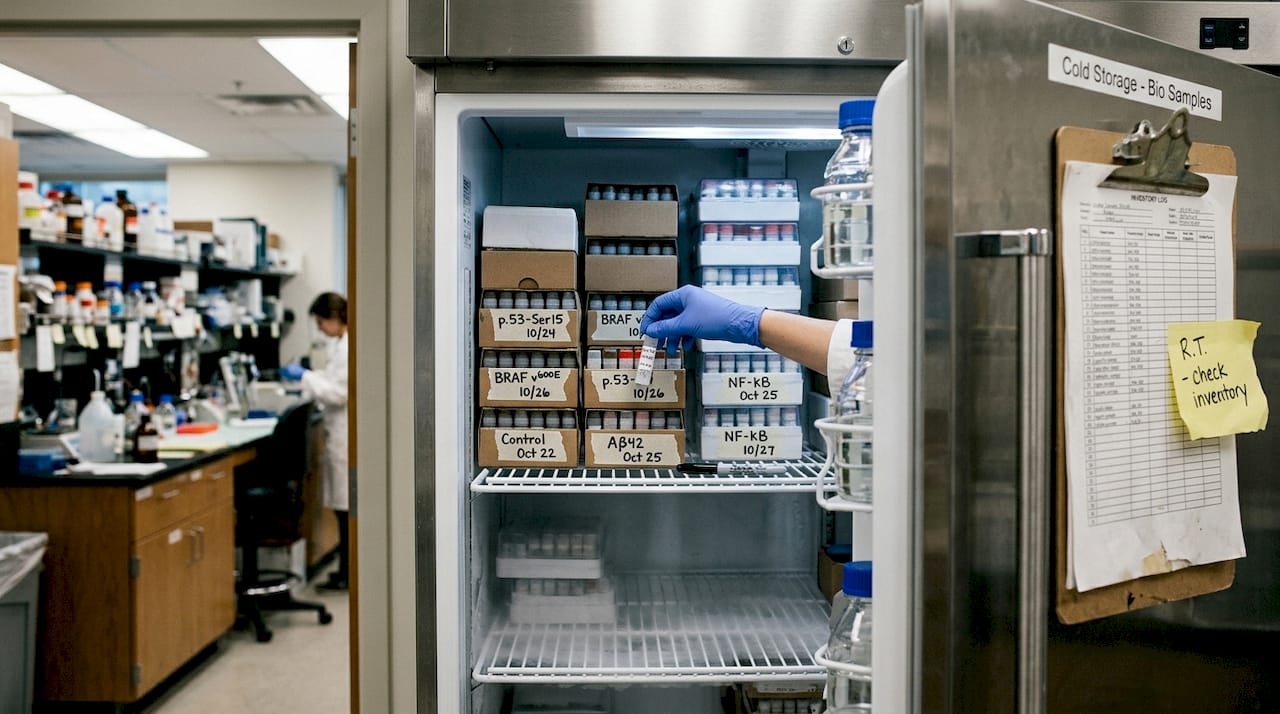 Hand adjusts labeled peptide vials in fridge