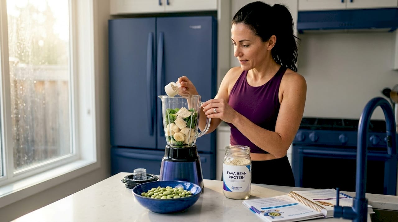 Woman making protein smoothie with fava beans