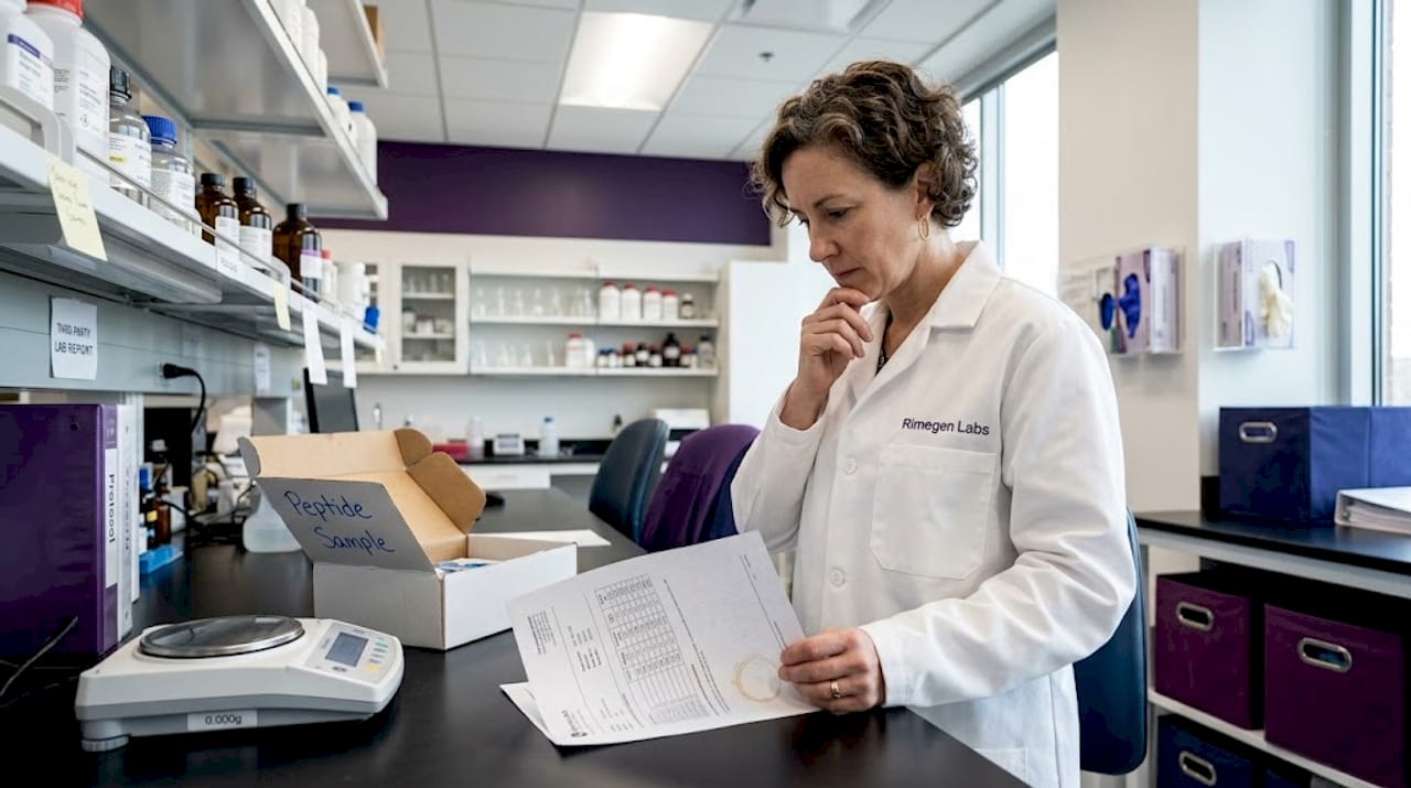 Lab worker examining third-party peptide lab results