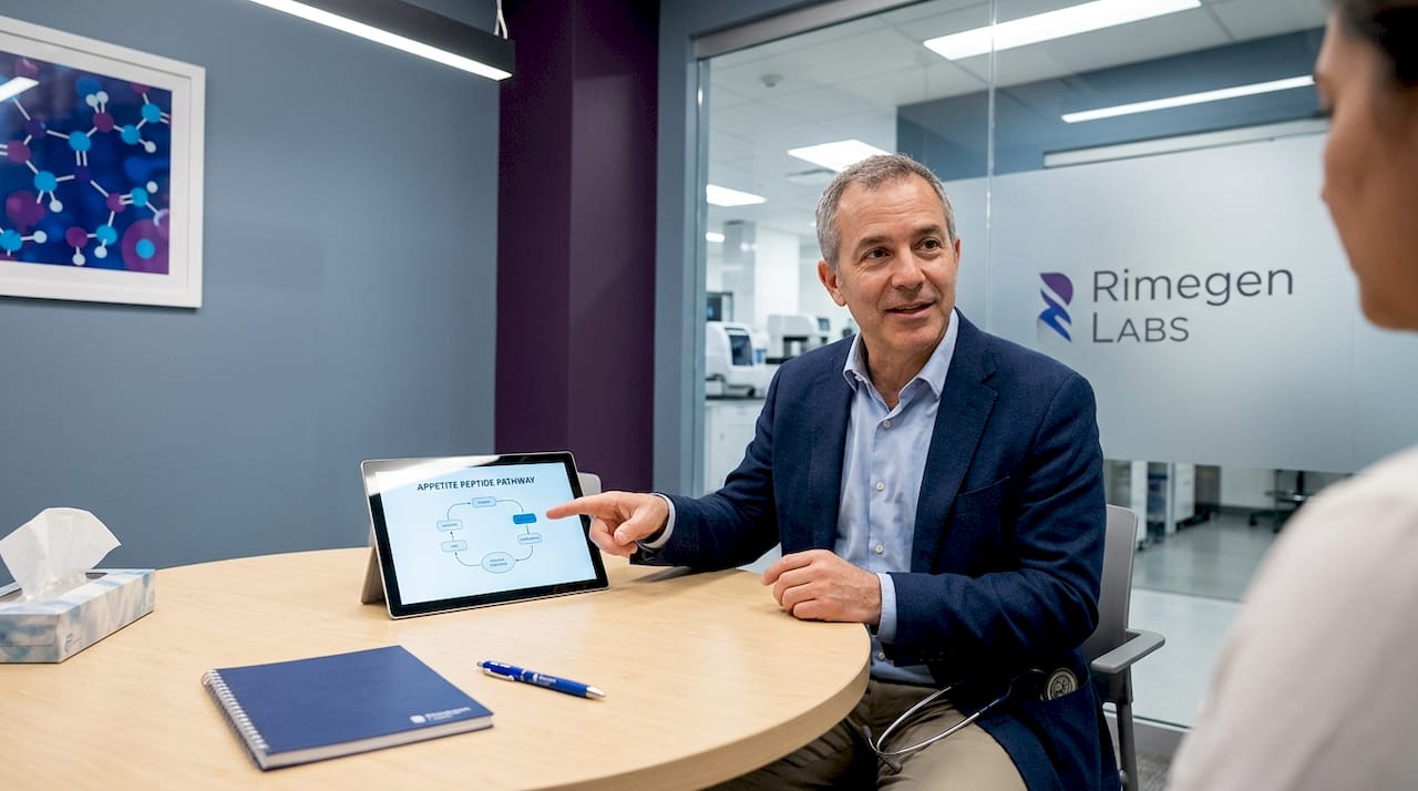 Doctor explains peptides with tablet diagram