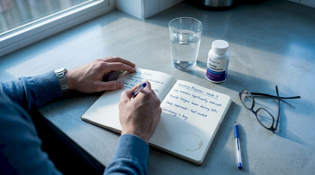 Supplements, journal, and recovery tools on kitchen counter