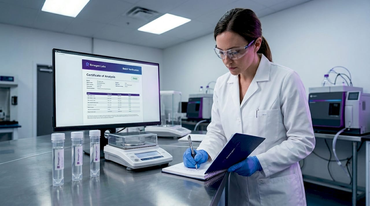 Lab technician verifying peptide safety tests