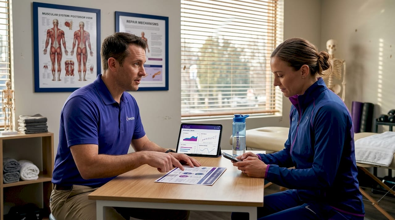 Sports therapist and athlete consultation in clinic