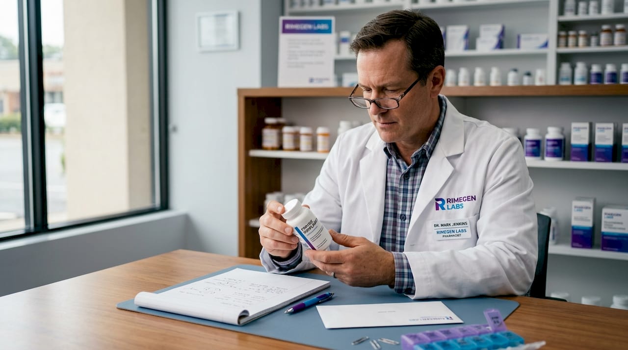 Pharmacist checking peptide supplement label
