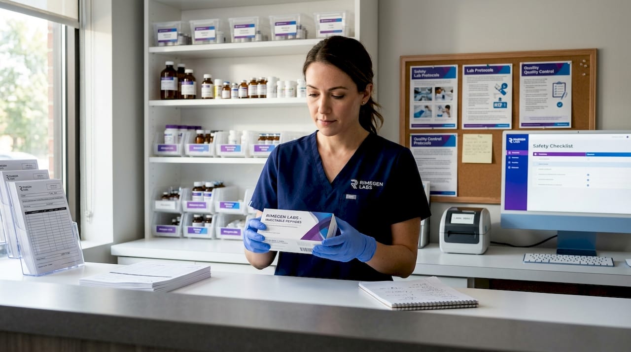 Pharmacist reviewing injectable peptide vial safety