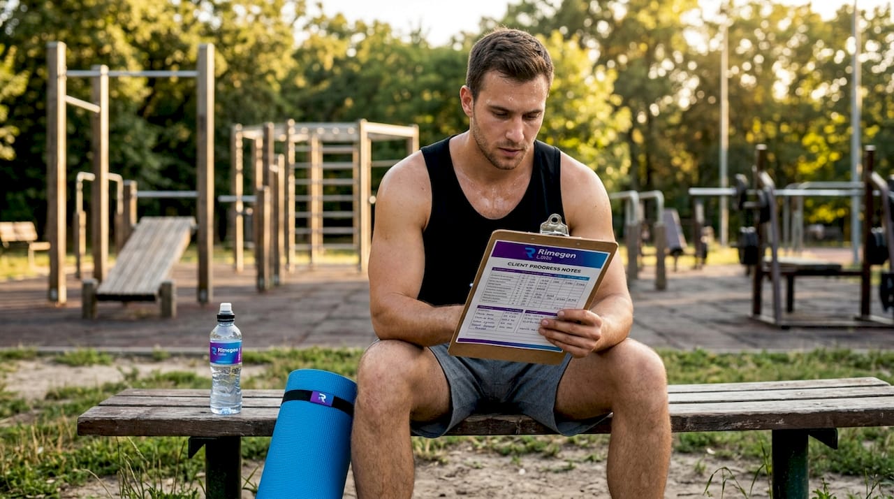 Trainer reviewing progress notes in active gym