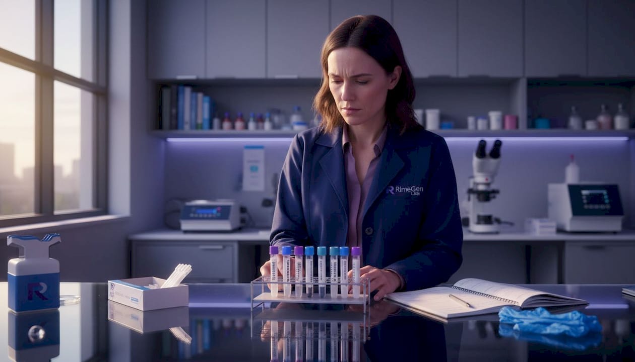 Scientist reviewing peptide lab sample tubes at bench