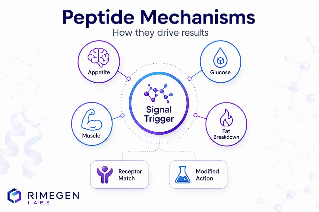 Hierarchy infographic of peptide mechanisms and effects