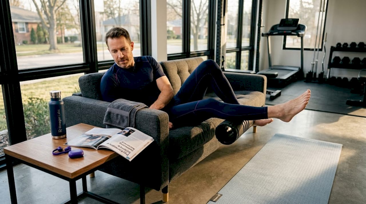 Man using foam roller, tablet nearby, in living room