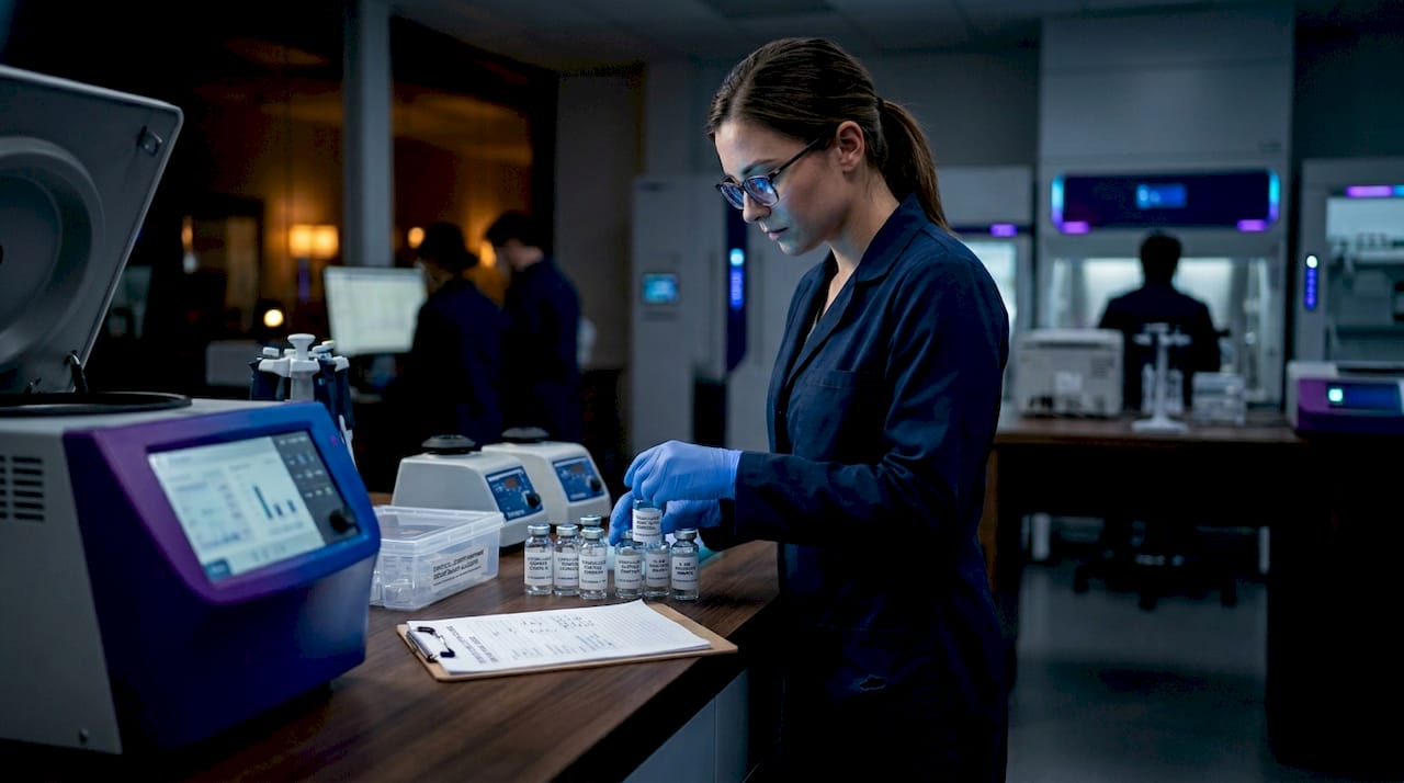 Lab technician reviews peptide samples for study