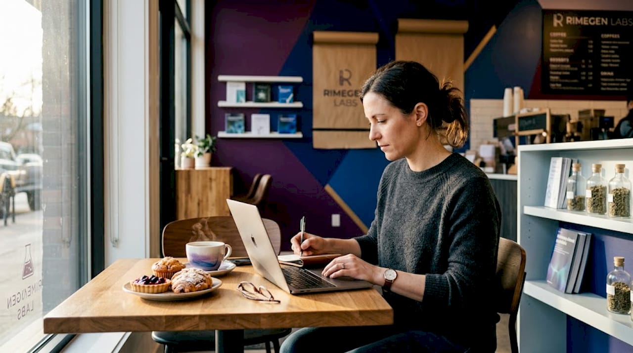Woman reviewing weekly peptide log results on sofa