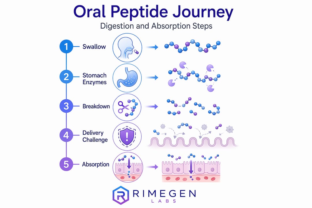Infographic showing oral peptide digestion process steps