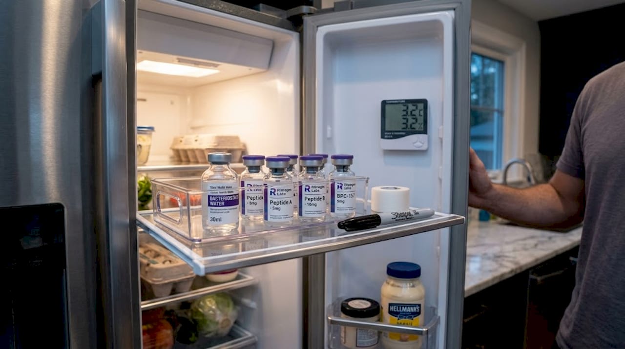 Peptide vials stored safely in fridge