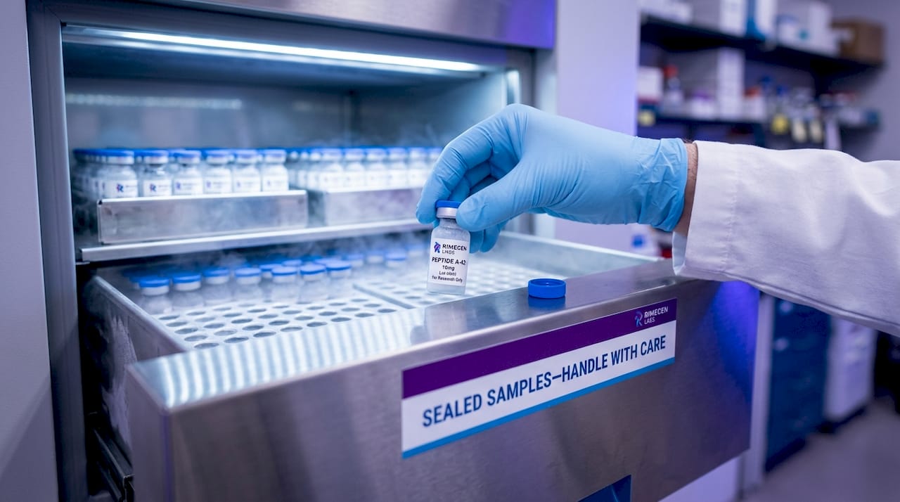 Hand placing peptide vial in household freezer