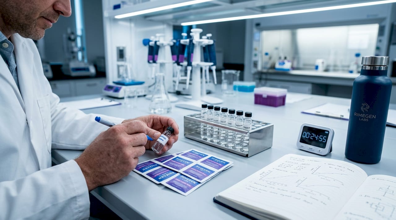 Hands labeling peptide vial and organizing supplies