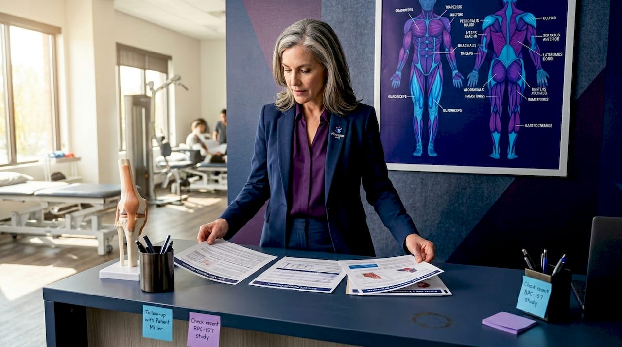 Physical therapist sorting injury peptide information