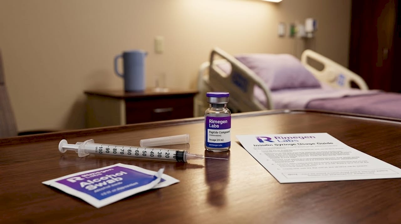 Insulin syringe and peptide vial in medical exam room