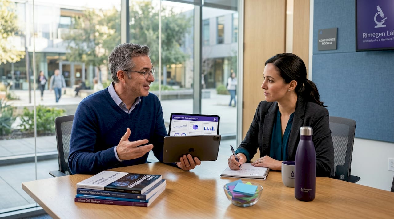 Researchers discussing pegylated peptide clinical benefits