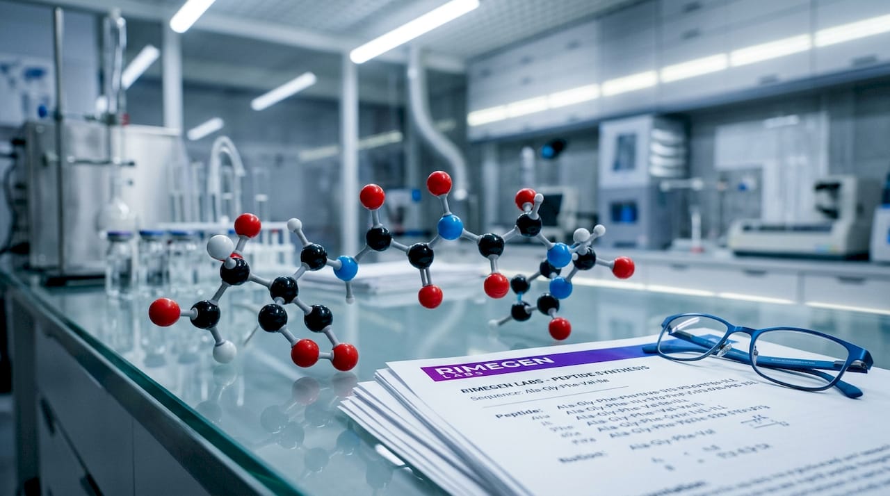 Molecular model of peptide on table with papers