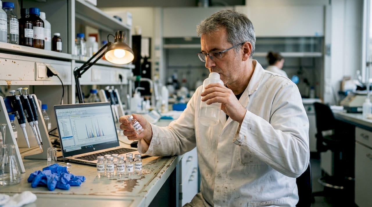 Eine Wissenschaftlerin prüft im Labor sorgfältig mehrere Peptid-Proben an ihrem Arbeitstisch.
