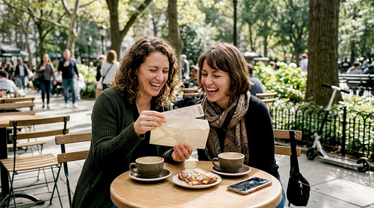 Friends exchanging experiential gift at outdoor café