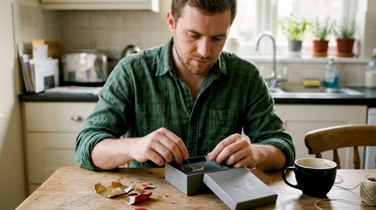 Man boxing custom necklace at kitchen table