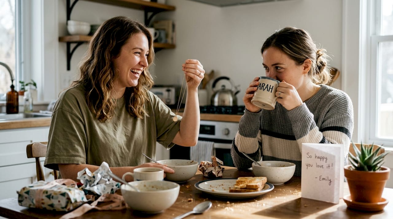 Women exchanging personalized jewelry and mug gifts