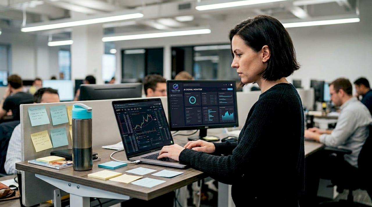 Woman reviewing AI crypto risk dashboard