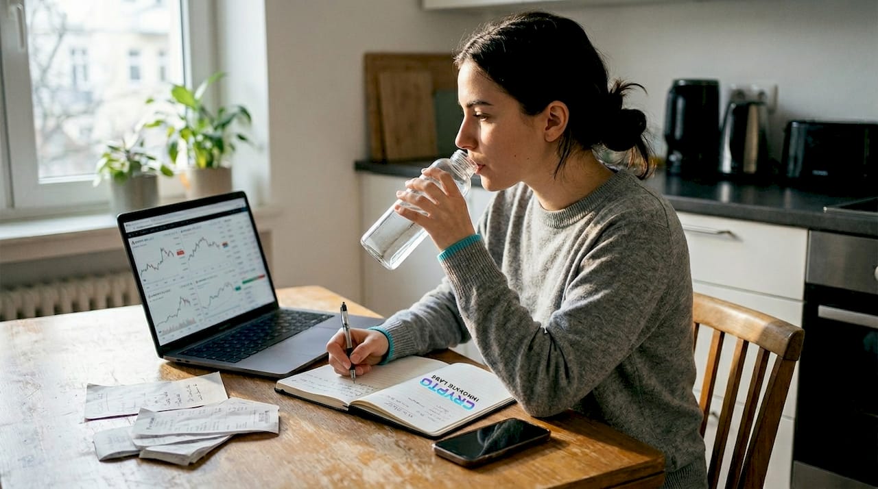 Woman updating crypto watchlist at kitchen table