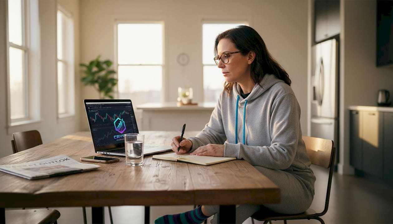 Woman researching crypto swing trades at table