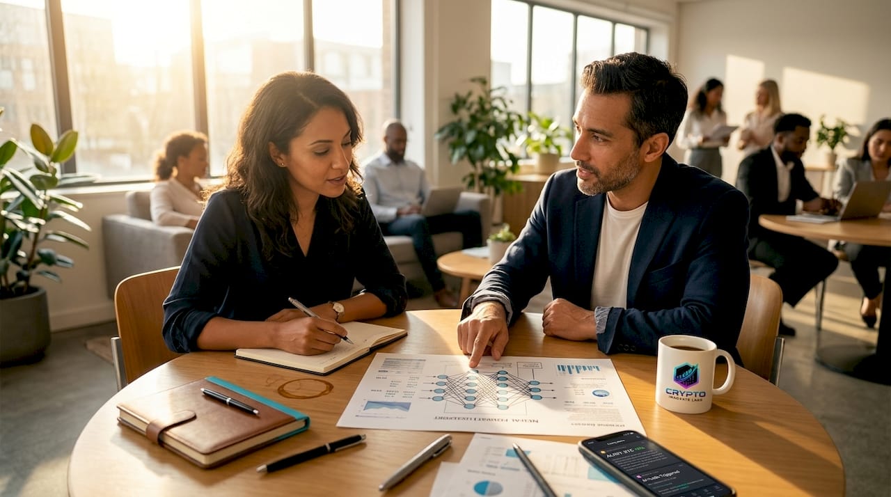 Colleagues review AI crypto investment report