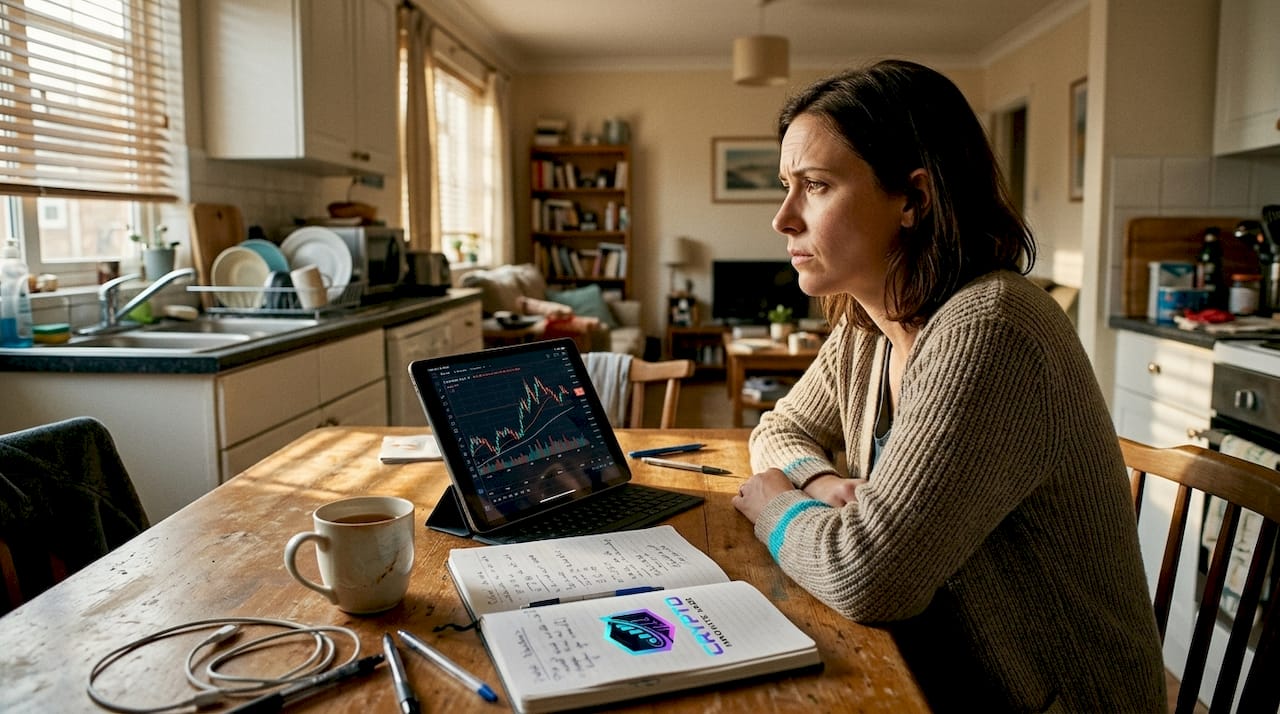 Woman reflecting after difficult crypto trade