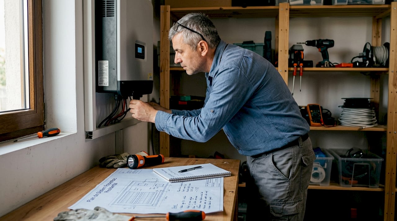 Un bărbat verifică funcționarea unui invertor fotovoltaic instalat în garaj.