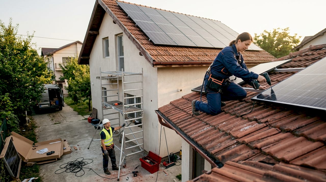 Instalarea unui panou solar pe acoperișul casei