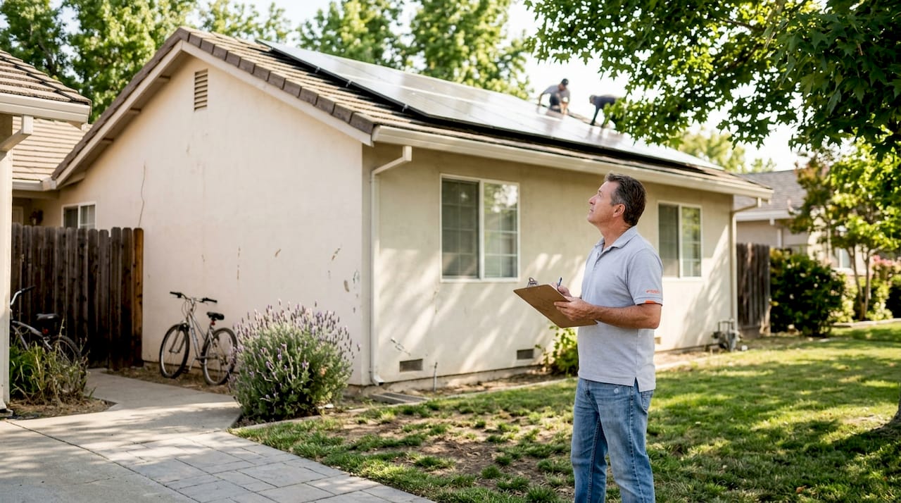 Proprietarul casei urmărește cu interes montarea panourilor solare pe acoperiș.