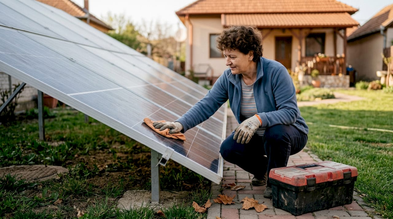 O femeie spală panourile solare din curtea casei.