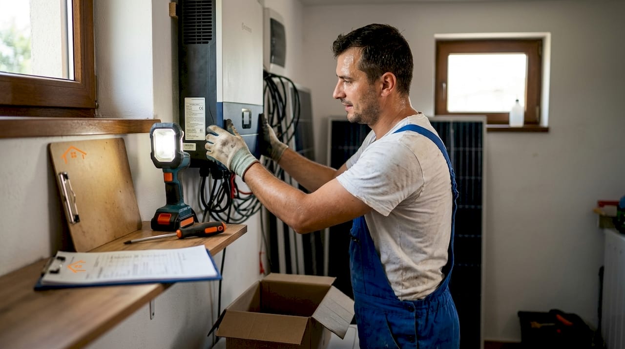 Un tehnician montează un invertor hibrid pe perete.