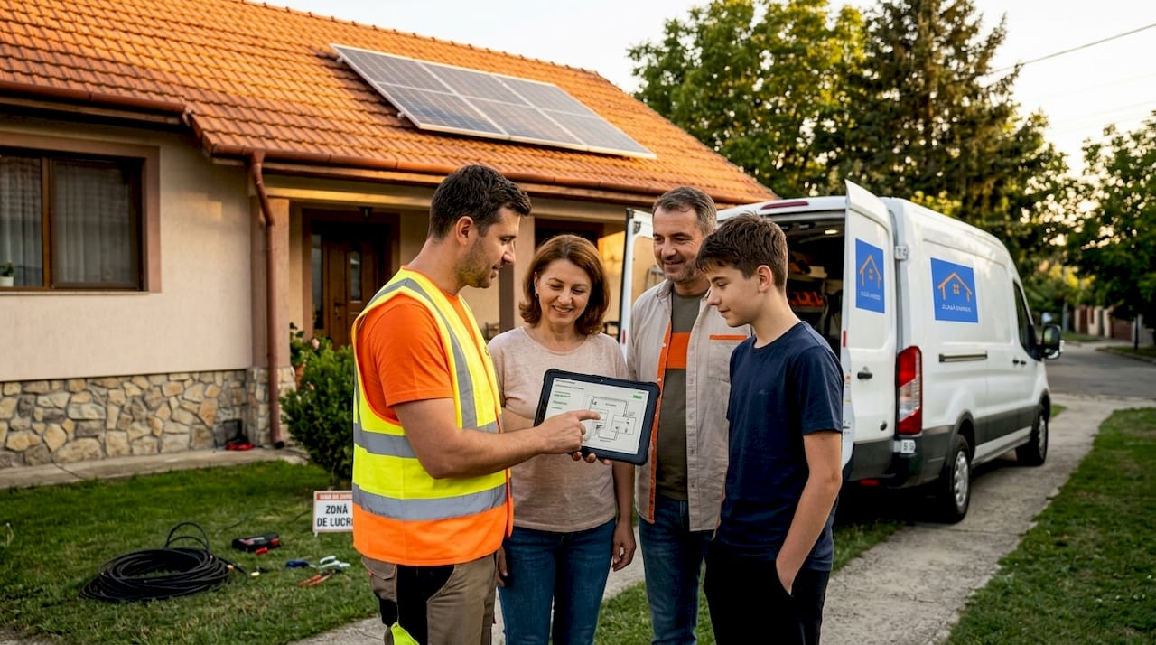O familie poartă o discuție cu un instalator despre montarea panourilor solare pe casa lor.