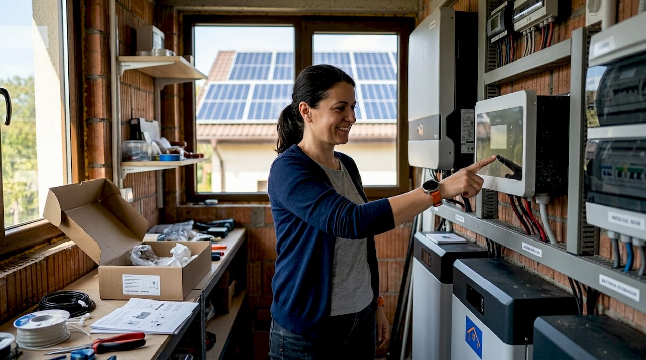 O femeie inspectează sistemul fotovoltaic instalat în locuința ei.