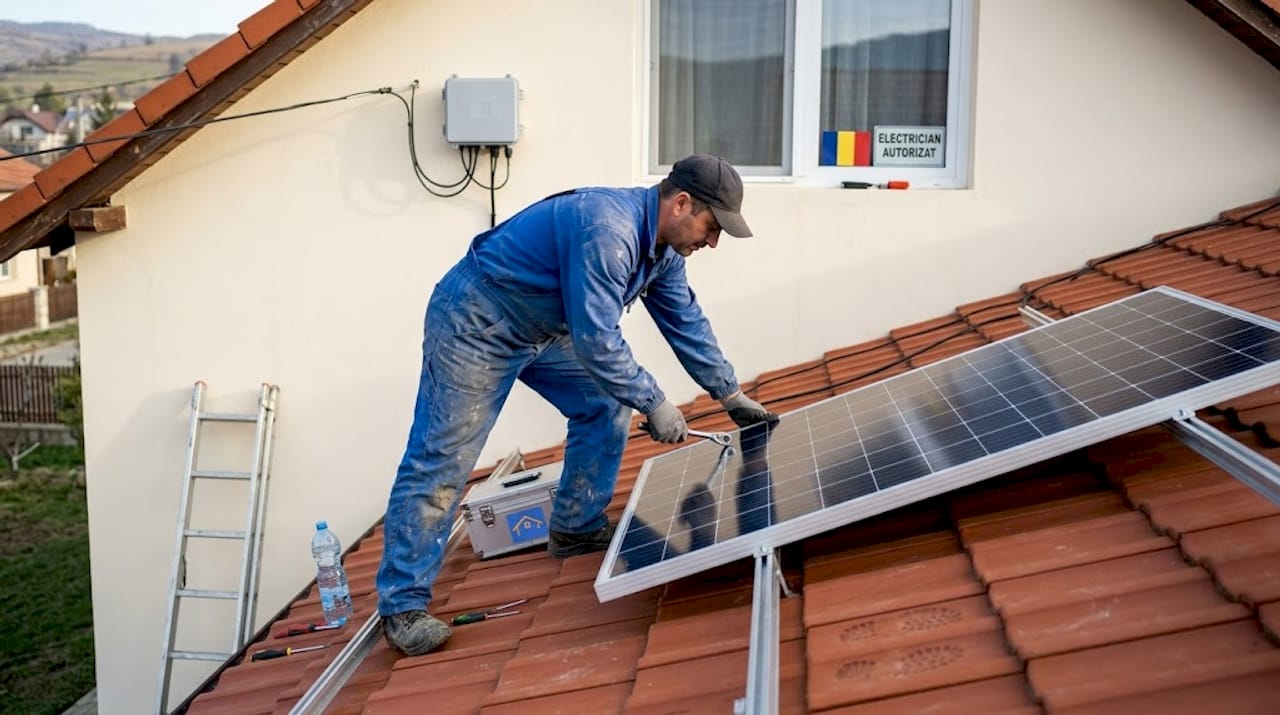 Un specialist instalează un panou fotovoltaic pe acoperiș.