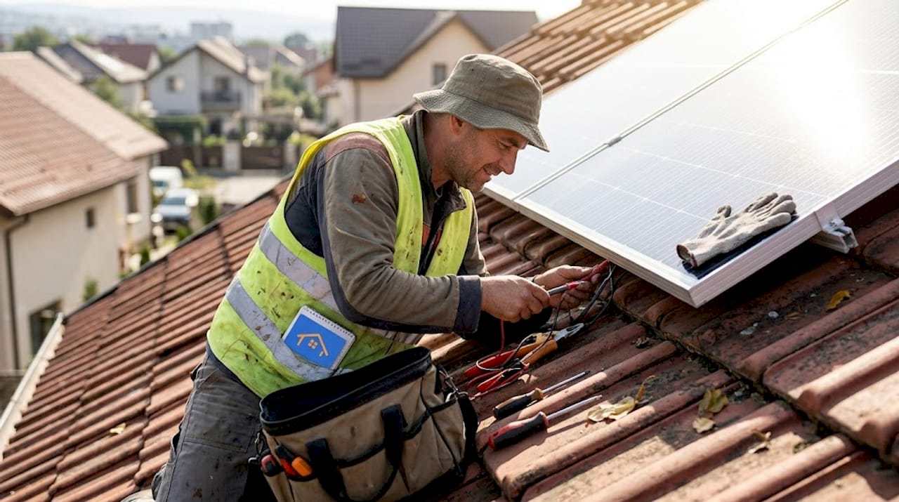 Un instalator verifică panoul solar montat pe acoperiș.