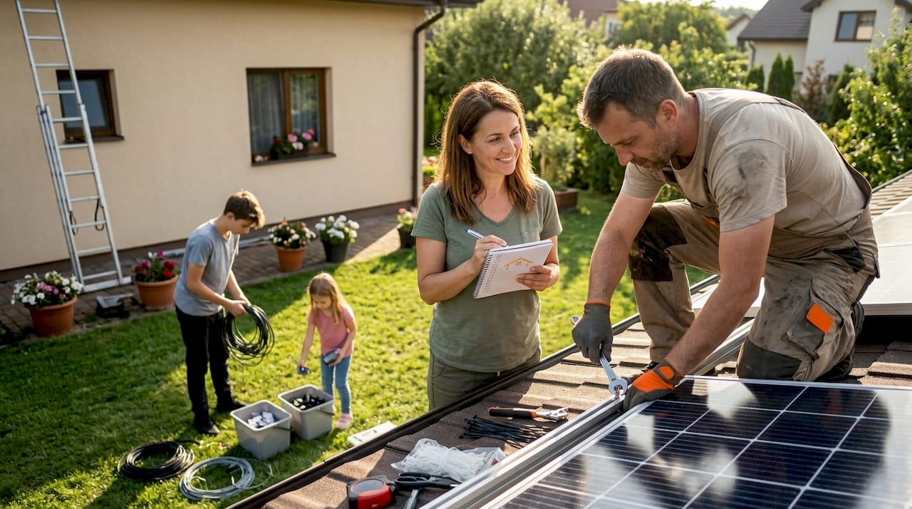 O familie montează panouri solare pe acoperișul casei, alegând să investească în energie verde pentru un viitor mai curat.