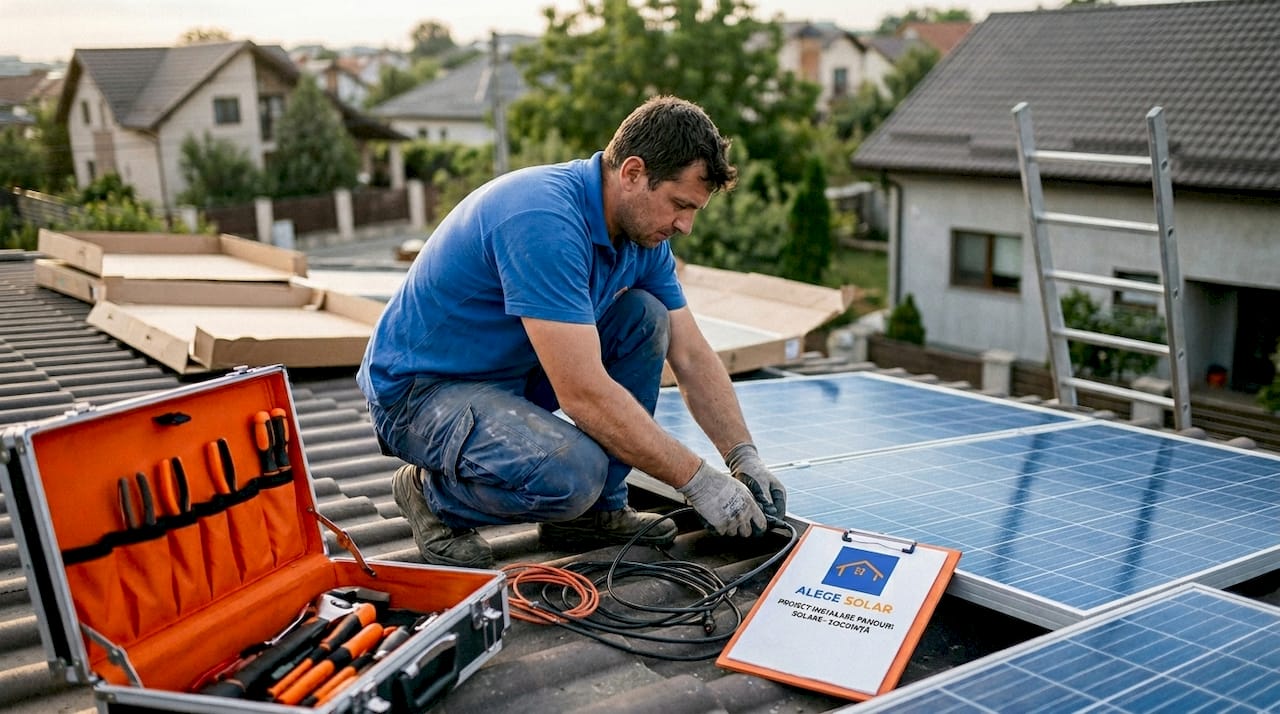 Un specialist instalează panouri solare pe acoperișul casei.
