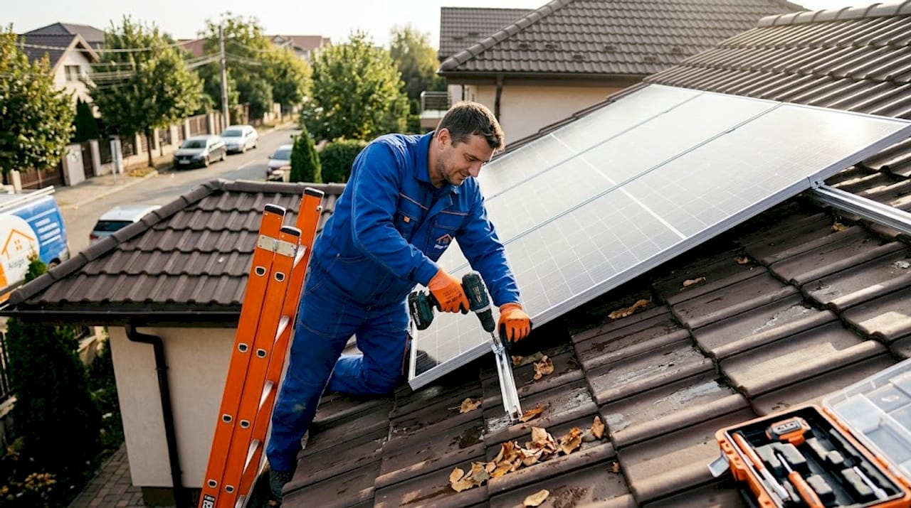 Un instalator lucrează la montarea unui panou solar pe acoperiș.