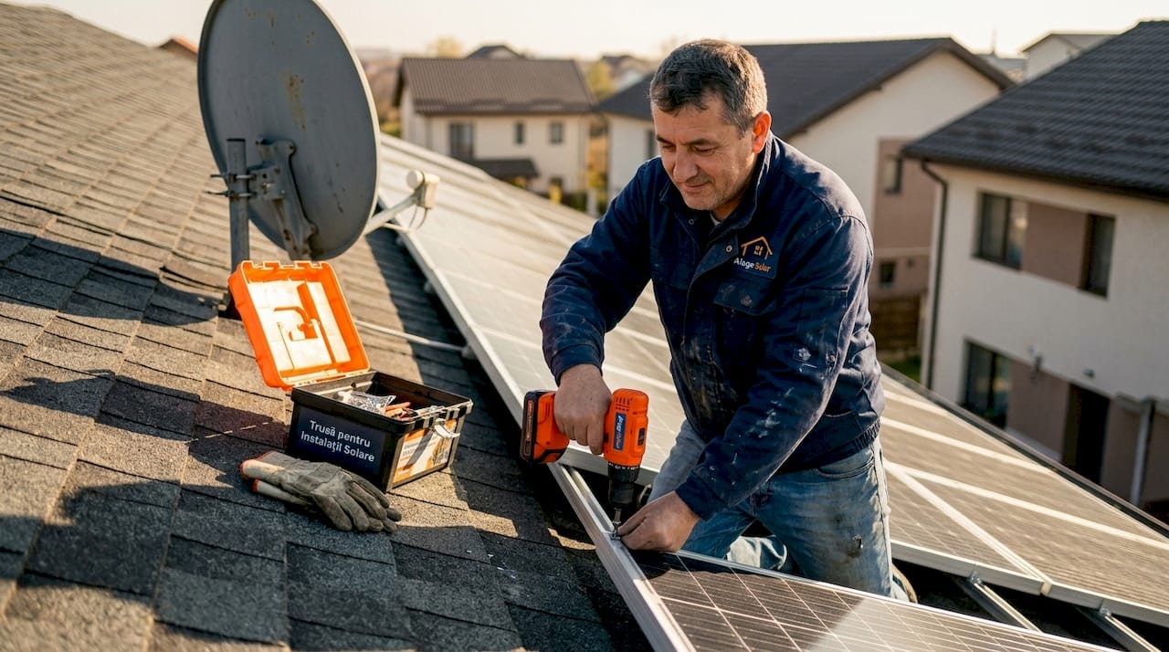 Un electrician montează panouri solare pe acoperiș.