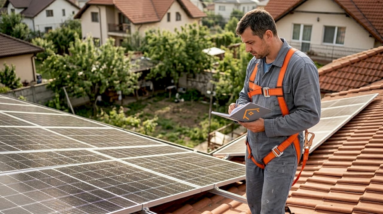 Tehnicianul verifică panourile fotovoltaice montate pe acoperiș