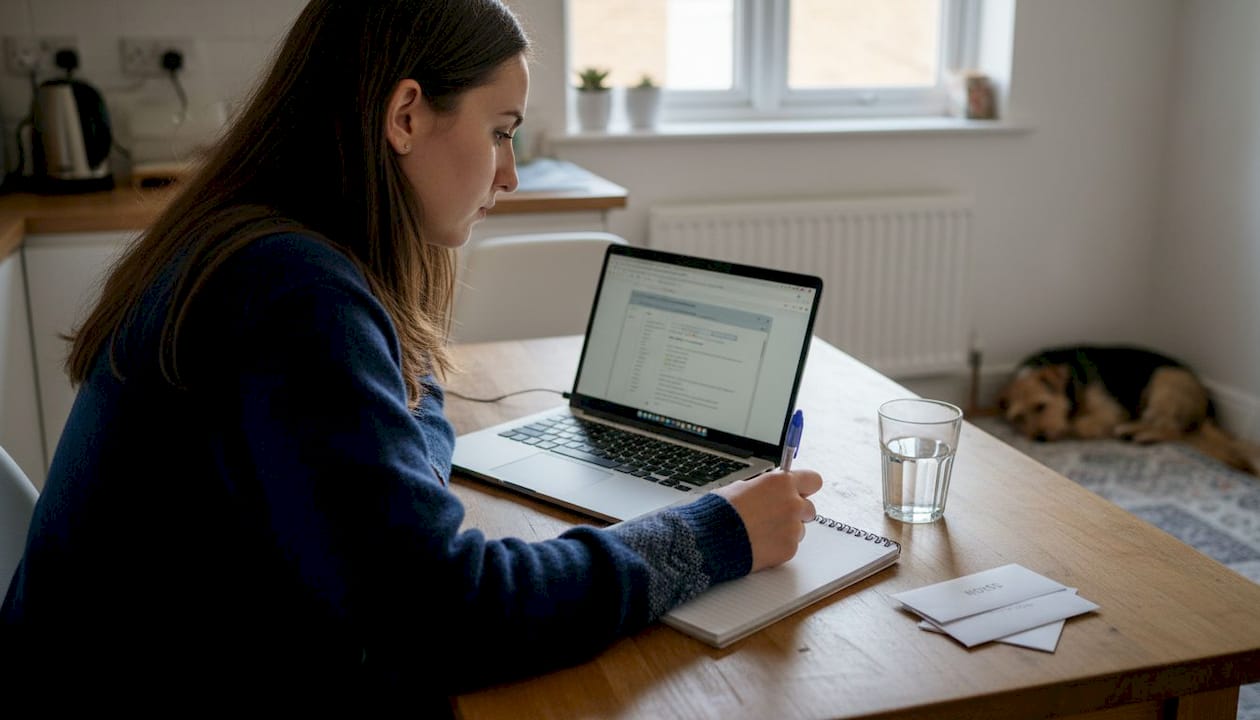 Person setting up SEO tools on kitchen table