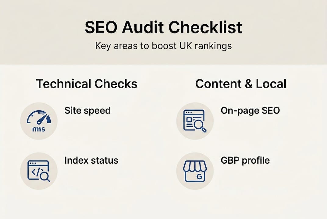 Infographic of UK SEO audit checklist categories